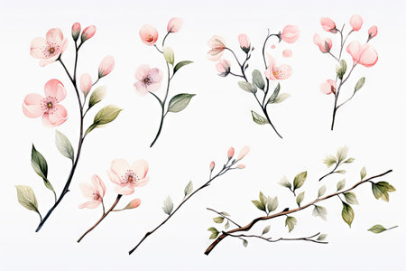 Watercolor of Tropical spring floral green leaves and flowers elements isolated on white background, bouquets greeting or wedding card decoration, with Generative Ai.の素材