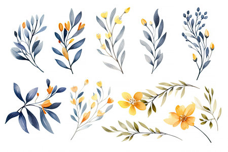Watercolor of Tropical spring floral green leaves and flowers elements isolated on white background, bouquets greeting or wedding card decoration, with Generative Ai.の素材