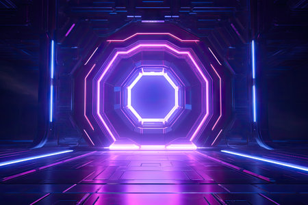 Abstract portal stone gate with neon glowing light in the dark space landscape of cosmic, rocky mountain stone field, spectrum light effect, with Generative Ai.の素材