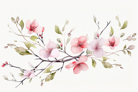 Watercolor of Tropical spring floral green leaves and flowers elements isolated on white background, bouquets greeting or wedding card decoration, with Generative Ai.の素材