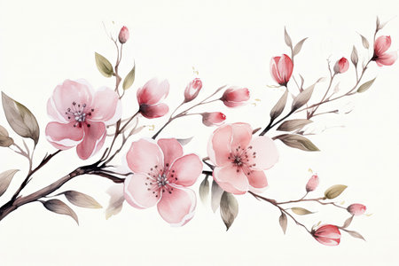 Watercolor of Tropical spring floral green leaves and flowers elements isolated on white background, bouquets greeting or wedding card decoration, with Generative Ai.の素材