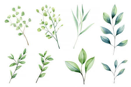 Watercolor of Tropical spring floral green leaves and flowers elements isolated on white background, bouquets greeting or wedding card decoration, with Generative Ai.の素材