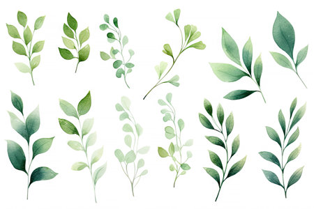 Watercolor of Tropical spring floral green leaves and flowers elements isolated on white background, bouquets greeting or wedding card decoration, with Generative Ai.の素材