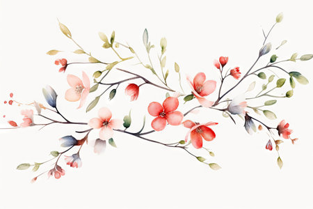 Watercolor of Tropical spring floral green leaves and flowers elements isolated on white background, bouquets greeting or wedding card decoration, with Generative Ai.の素材