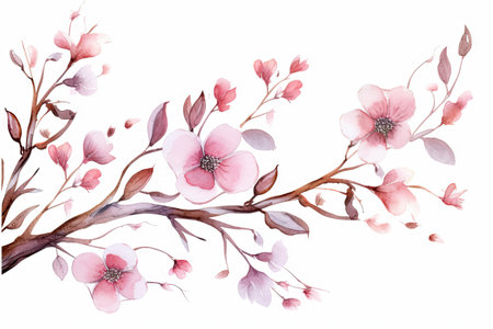Watercolor of Tropical spring floral green leaves and flowers elements isolated on white background, bouquets greeting or wedding card decoration, with Generative Ai.の素材
