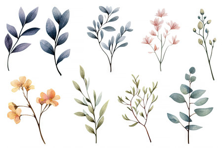 Watercolor of Tropical spring floral green leaves and flowers elements isolated on white background, bouquets greeting or wedding card decoration, with Generative Ai.の素材