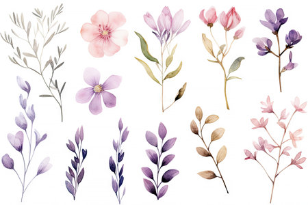 Watercolor of Tropical spring floral green leaves and flowers elements isolated on white background, bouquets greeting or wedding card decoration, with Generative Ai.の素材