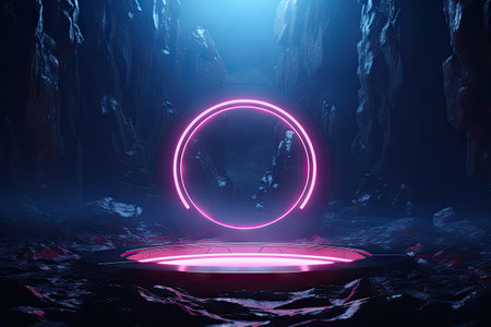 Abstract portal stone gate with neon glowing light in the dark space landscape of cosmic, rocky mountain stone field, spectrum light effect, with Generative Ai.の素材