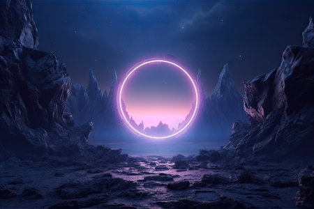 Abstract portal stone gate with neon glowing light in the dark space landscape of cosmic, rocky mountain stone field, spectrum light effect, with Generative Ai.の素材