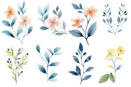 Watercolor of Tropical spring floral green leaves and flowers elements isolated on white background, bouquets greeting or wedding card decoration, with Generative Ai.の素材