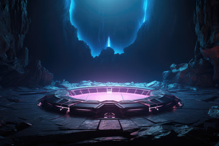 Abstract portal stone gate with neon glowing light in the dark space landscape of cosmic, rocky mountain stone field, spectrum light effect, with Generative Ai.の素材