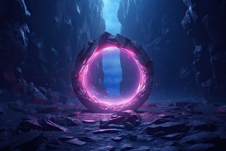 Abstract portal stone gate with neon glowing light in the dark space landscape of cosmic, rocky mountain stone field, spectrum light effect, with Generative Ai.の素材