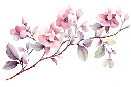 Watercolor of Tropical spring floral green leaves and flowers elements isolated on white background, bouquets greeting or wedding card decoration, with Generative Ai.の素材