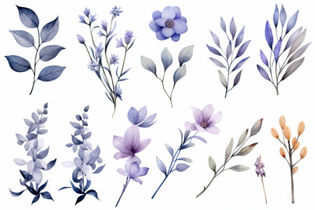 Watercolor of Tropical spring floral green leaves and flowers elements isolated on white background, bouquets greeting or wedding card decoration, with Generative Ai.の素材