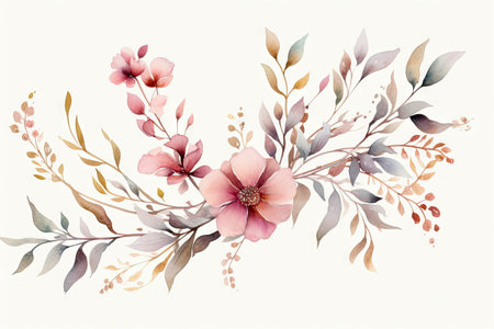 Watercolor of Tropical spring floral green leaves and flowers elements isolated on white background, bouquets greeting or wedding card decoration, with Generative Ai.の素材