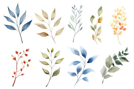 Watercolor of Tropical spring floral green leaves and flowers elements isolated on white background, bouquets greeting or wedding card decoration, with Generative Ai.の素材