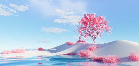 3d render Surreal pastel landscape background with geometric shapes, abstract fantastic desert dune in seasoning landscape with arches, panoramic, futuristic scene with copy space, blue sky and cloudyの写真素材