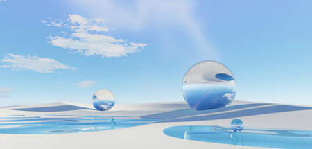 3d render Surreal pastel landscape background with geometric shapes, abstract fantastic desert dune in seasoning landscape with arches, panoramic, futuristic scene with copy space, blue sky and cloudyの写真素材