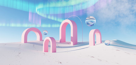 3d render Surreal pastel landscape background with geometric shapes, abstract fantastic desert dune in seasoning landscape with arches, panoramic, futuristic scene with copy space, blue sky and cloudyの写真素材