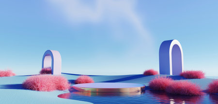 3d render Surreal pastel landscape background with geometric shapes, abstract fantastic desert dune in seasoning landscape with arches, panoramic, futuristic scene with copy space, blue sky and cloudyの写真素材