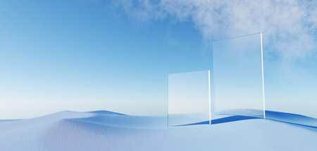 3d render Surreal pastel landscape background with geometric shapes, abstract fantastic desert dune in seasoning landscape with arches, panoramic, futuristic scene with copy space, blue sky and cloudyの写真素材