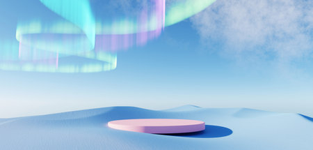3d render Surreal pastel landscape background with geometric shapes, abstract fantastic desert dune in seasoning landscape with arches, panoramic, futuristic scene with copy space, blue sky and cloudyの写真素材