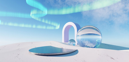 3d render Surreal pastel landscape background with geometric shapes, abstract fantastic desert dune in seasoning landscape with arches, panoramic, futuristic scene with copy space, blue sky and cloudyの写真素材