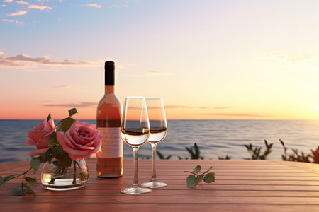 Close up of couple wine champagne glasses and bottle for celebration on wooden table with sea view and sunset sky background, chilling day, romantic dating, with Generative Ai.の素材