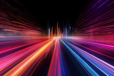 Speed light trails path through smart modern mega city and skyscrapers town with neon futuristic technology background, future virtual reality, motion effect, high speed light, with Generative Ai.の素材