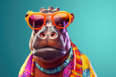 Abstract animal Hippopotamus portrait with colorful Afro hairs wearing sunglasses in Hawaii dress theme, Vibrant bright gradients background, with Generative AI.の素材