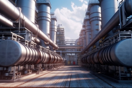 Industry pipeline rack for transport crude oil petrochemical with sunset sky background, gas and oil process of running by pipe tubes in factory, perspective view, with Generative AI.の素材