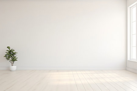 Minimal interior empty room with blank wall and floor with natural sun light cast shadow of window, cozy tone style background, copy space for mock-up, with Generative Ai.の素材