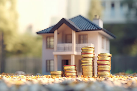 Close up stack of golden coins money with minimal house for goals and success, saving money for home, financial business concept, investment for future, with Generative Ai.の素材