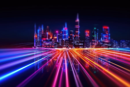 Speed light trails path through smart modern mega city and skyscrapers town with neon futuristic technology background, future virtual reality, motion effect, high speed light, with Generative Ai.の素材