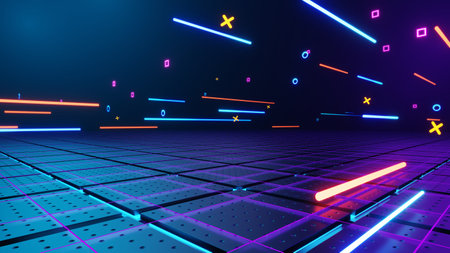 3d technology abstract neon light background, empty space scene, spotlight, dark night, virtual reality, cyber futuristic sci-fi background, street floor studio for mock up. colored geometric.の写真素材