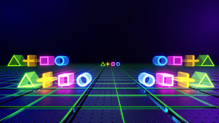 3d technology abstract neon light background, empty space scene, spotlight, dark night, virtual reality, cyber futuristic sci-fi background, street floor studio for mock up. colored geometric.の写真素材
