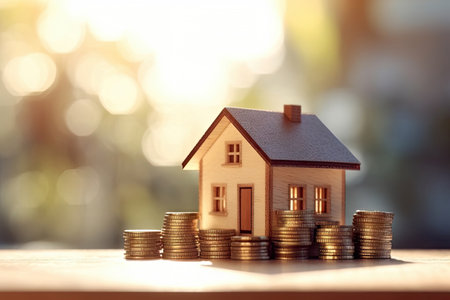 Close up stack of golden coins money with minimal house for goals and success, saving money for home, financial business concept, investment for future, with Generative Ai.の素材