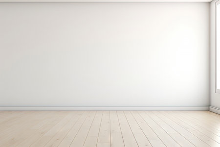 Minimal interior empty room with blank wall and floor with natural sun light cast shadow of window, cozy tone style background, copy space for mock-up, with Generative Ai.の素材