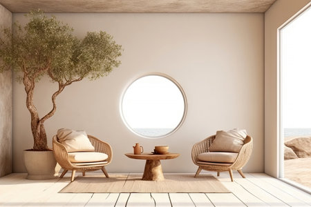 Home minimal interior design living room with beige cozy tone style, decorate with clean home furniture, and warm tone background, empty wall for mock up and banner, with Generative Ai.の素材