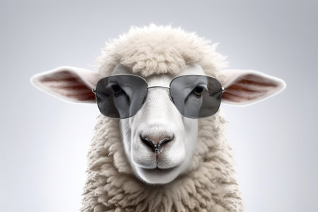 Abstract of fashion style sheep wearing sunglasses portrait isolated on clean png background, sheep fur multi colored colorful on skin body  and hairs paint, with Generative AI.の素材