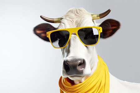 Mafia Cow or bullock farm wearing cowboy hat and sunglasses portrait looking at camera isolated on clear png background, funny moment, Farmland animals concept, with Generative Ai.の素材