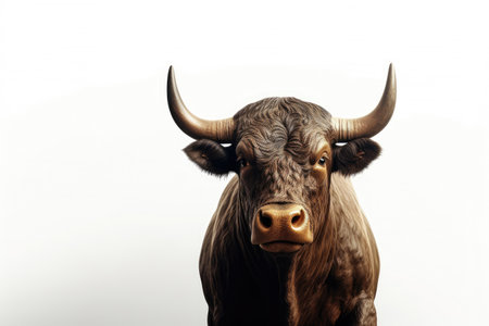 Strongest dark brown bull with muscles and long horns portrait looking at camera isolated on clear png background, Animals Fighter concept, with Generative Ai.の素材