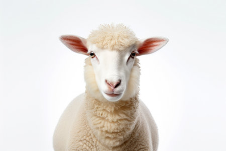 White fluffy sheep farm portrait looking at camera isolated on clear png background, funny moment, Farmland animals concept, with Generative Ai.の素材