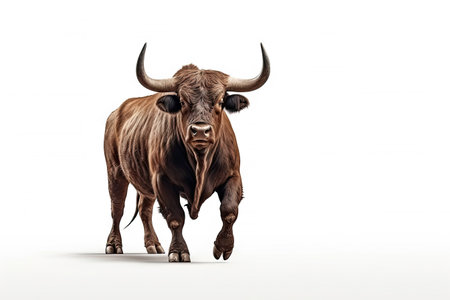 Strongest dark brown bull with muscles and long horns portrait looking at camera isolated on clear png background, Animals Fighter concept, with Generative Ai.の素材