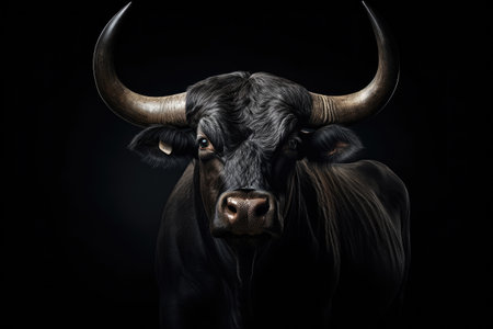 Strongest dark brown bull with muscles and long horns portrait looking at camera isolated on clear png background, Animals Fighter concept, with Generative Ai.の素材