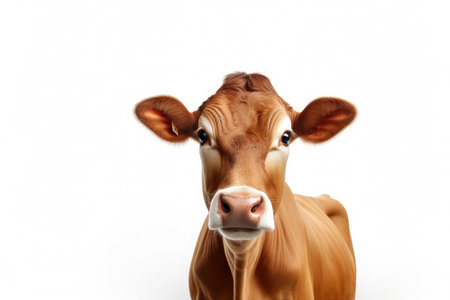 Brown Cow or bullock farm portrait looking at camera isolated on clear png background, funny moment, Farmland animals concept, with Generative Ai.の素材