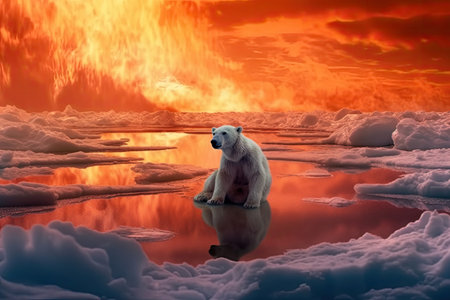 White polar bear sitting on melting ice floe glacier at arctic sea that facing to Global Warming situation, save the world form pollution concept, climate change, with Generative Ai.の素材
