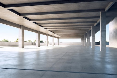 Modern concrete architecture building, exterior floor and roof, zone of car park, construction building, with empty space in clean design, with Generative Ai.の素材