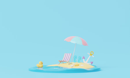 3D render Summer vacation, beach and sea icon elements objects group, holidays background concept, Realistic Display for Product mock-up or Cosmetics with summer theme. minimal cute design.の写真素材