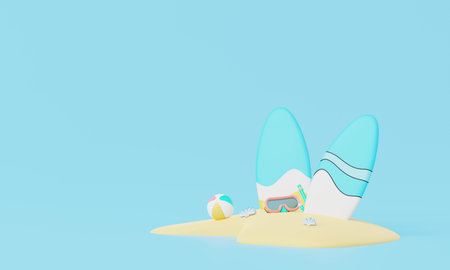 3D render Summer vacation, beach and sea icon elements objects group, holidays background concept, Realistic Display for Product mock-up or Cosmetics with summer theme. minimal cute design.の写真素材